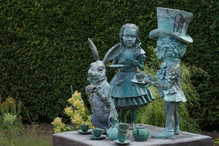 Garden Statue of Alice in Wonderland, Mad Hatter and White Rabbit