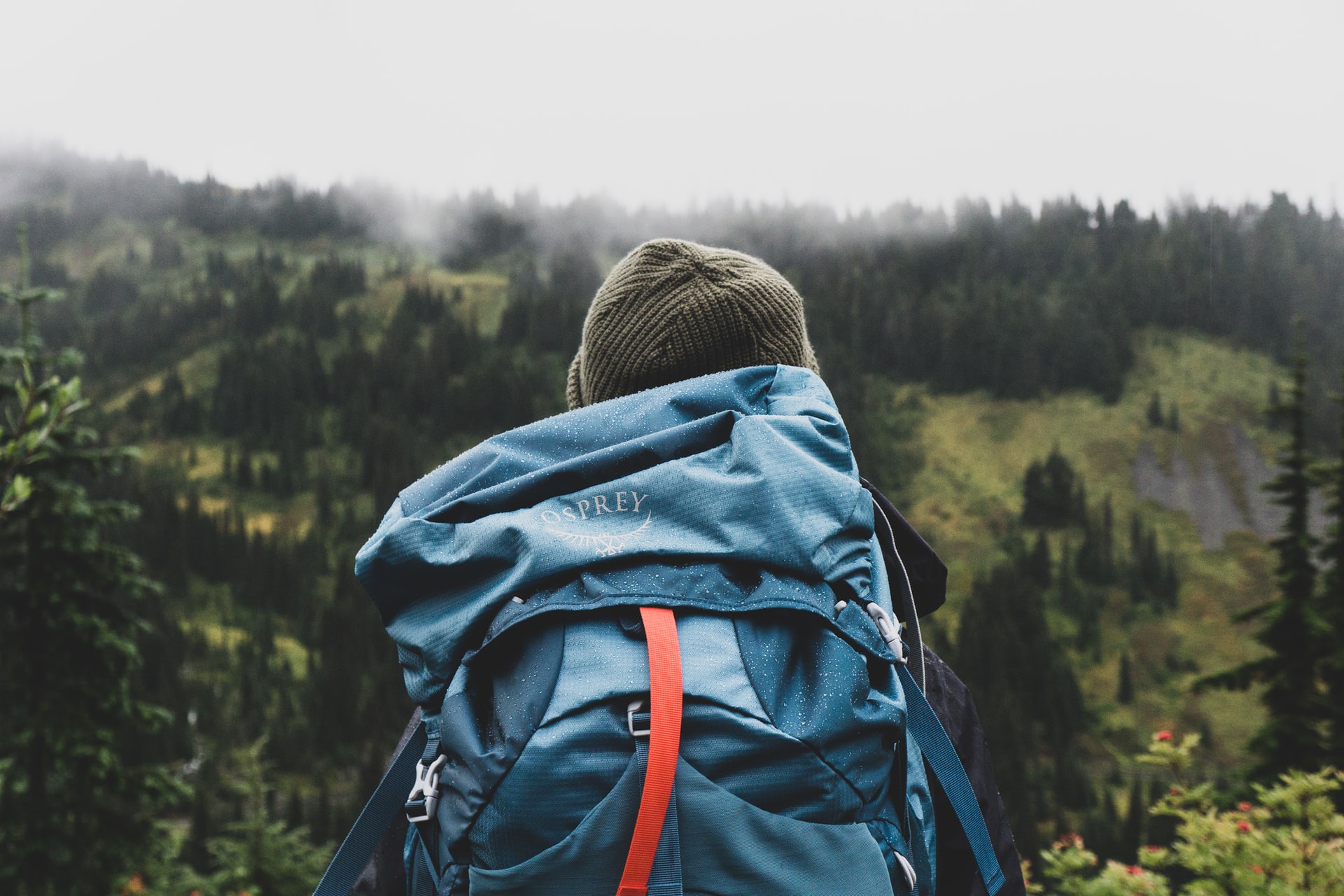 A man facing the mountains with a backpack